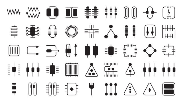 Electronic circuit symbols and engineering icons set, 45 black vector technical schematic elements, electrical hardware components for blueprints