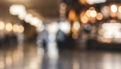 Obraz premium A blurred image depicting an indoor space with a warm ambiance created by soft bokeh lights and indistinct figures, suggesting a vibrant atmosphere.