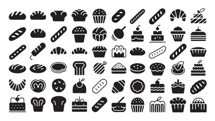 Obraz premium Bakery icons set, black bread and pastry vector silhouettes, collection of 60 bakery shop and dessert symbols for cafe menus