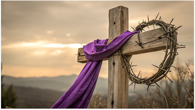 Wooden cross with crown of thorns and purple cloth symbolizing holy week passion and easter resurrection.