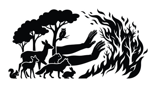 Stylized graphic silhouette art depicting a collection of forest animals gathered near a human hand reaching out toward flickering flames representing the elemental power of fire in nature with bold b