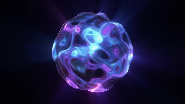 Glowing neon purple and blue abstract shapes. Iridescent 3D render of shimmering liquid-like objects on dark background. Looping animation.