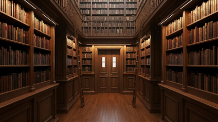 Obraz premium Grand library interior featuring tall wooden bookshelves filled with antique books and rolling ladders reaching towards high ceiling shelves creating a scholarly atmosphere.