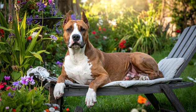Dog relaxing in garden.