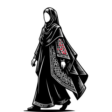 Walking Muslim Woman in Ornate Abaya Hijab - Line Art Vector Jilbab Illustration with Red Floral Trim