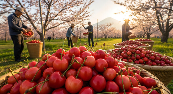 People harvesting apples in an orchard.
