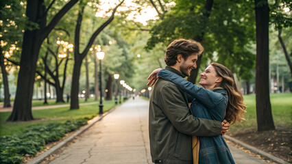 Fototapeta premium Young affectionate couple taking a walk in a public park and hugging while smiling at each other.