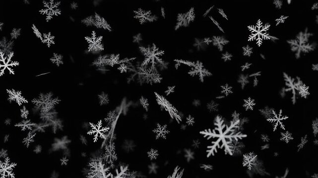 Winter holiday snowflake background seamless loop. Delicate white snowflakes falling against black background. High resolution motion graphics for festive video projects and seasonal designs.
