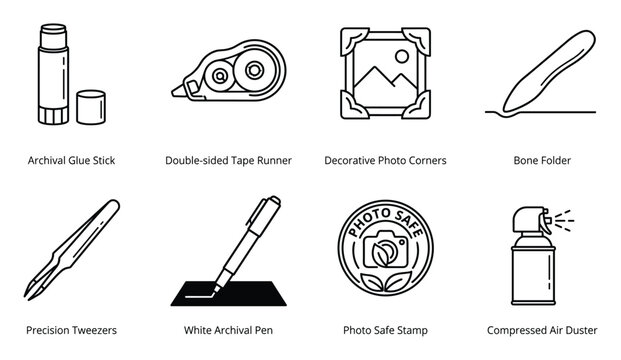 Archival craft supplies icons: glue stick, tape runner, photo corners, bone folder, tweezers, pen, stamp, duster.
