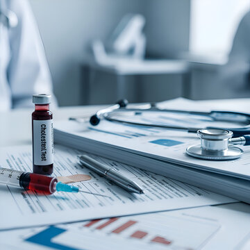 Medical exam: cholesterol test vial, stethoscope, documents on desk