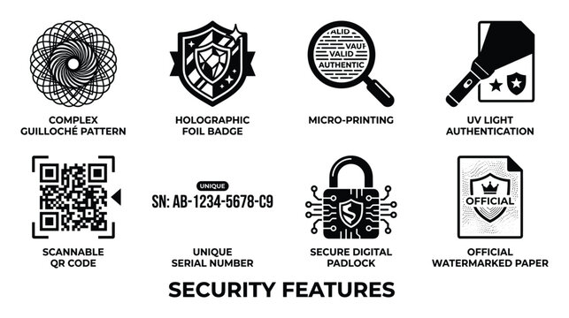Complex guilloche pattern holographic foil badge micro printing UV authentication QR code lock.