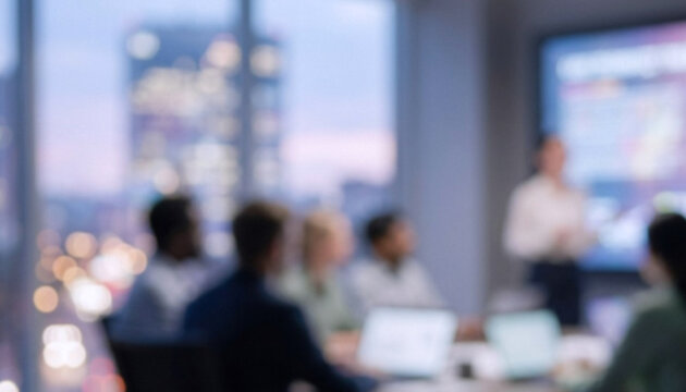 A blurred image of a corporate meeting in a modern office setting. Participants are engaged in a presentation with a city skyline in the background.