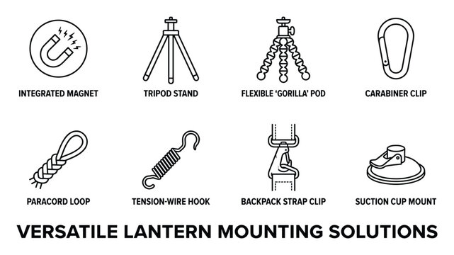 Eight versatile lantern mounting solution icons with magnet tripod carabiner and suction cup.