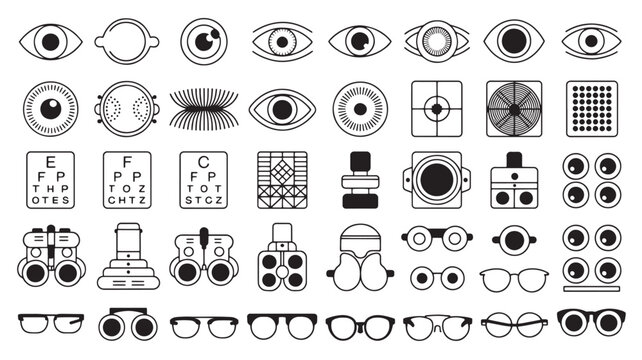 Minimalist eye care icon set, ophthalmology and optometry symbols, 40 black line vector icons for vision health and optical services