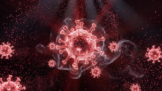 Hantavirus viral pathogens drifting in dark smoke and light rays