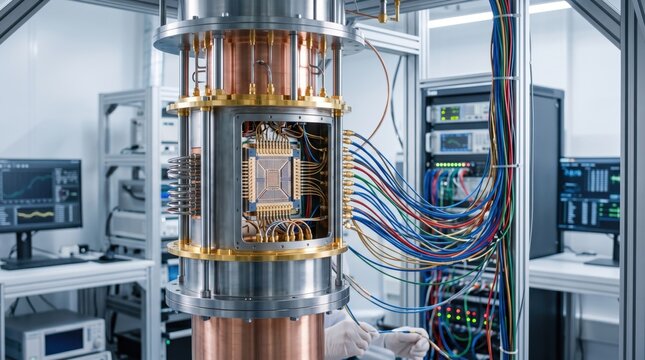 Close-up of quantum computer processor unit with complex wiring in high-tech laboratory, advanced computing research and futuristic technology development