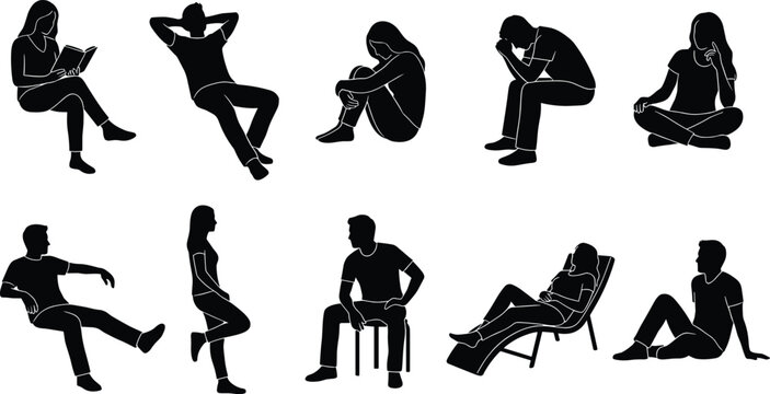 Relaxing Silhouettes Collection Casual Poses, Reading, Stretching, Reclining, and Comfortable Positions Vector Icons