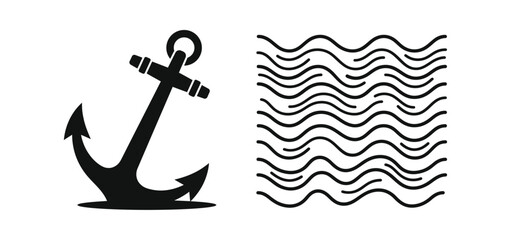 Anchor Icon with Simple Black Waves, Symbolizing Stability or Naval Themes in a Minimalist Style © Asker