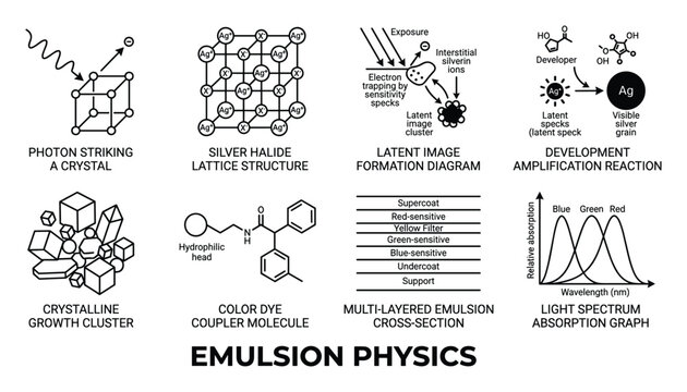 Emulsion physics crystal structure halide latent image development and color dye coupler molecule graphs.