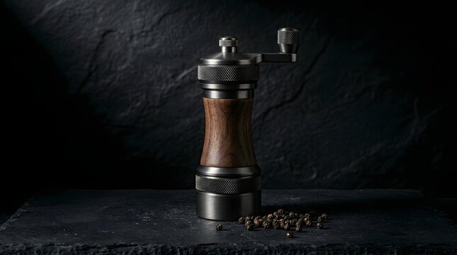 A Manual Coffee Grinder on a Slate Surface in a Dark Environment with Vintage Vibes
