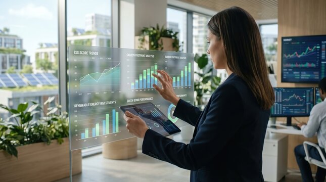 Corporate executive analyzing ESG score trends and carbon footprint charts on virtual interface in green sustainable office