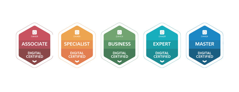 Set of five hexagonal badges representing digital certification levels: Associate to Master