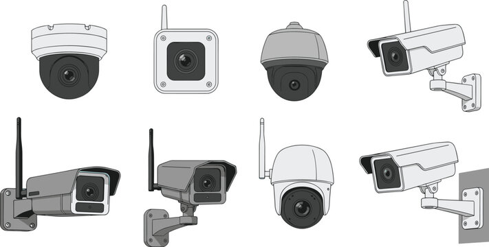 Security cameras in dome, bullet, and box designs illustration for surveillance, monitoring, and commercial security projects