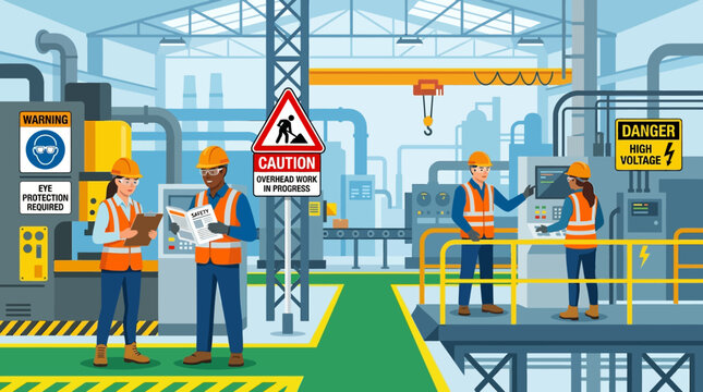 Industrial workers in safety gear in factory setting with warning signs