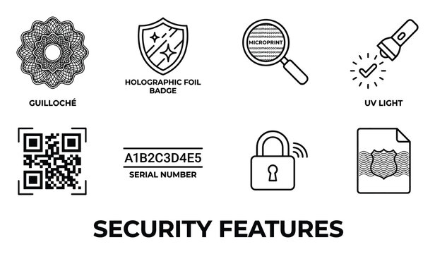 Guilloche pattern holographic foil badge micro-printing uv light serial number QR code lock.