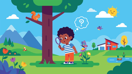 Obraz premium Curious child with magnifying glass exploring nature, observing a butterfly near a tree, with a squirrel and duck in a sunny landscape