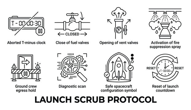 Launch scrub protocol icons including aborted T-minus clock fuel valves vent valves fire spray.