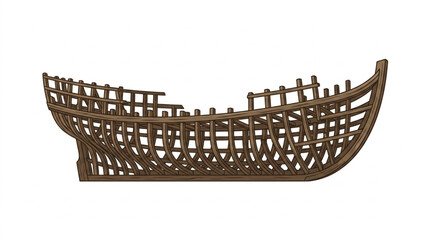 Obraz premium Ancient wooden ship hull skeleton isolated on white background.