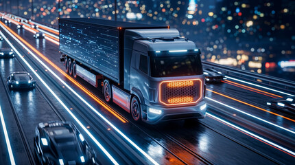 Fototapeta premium Futuristic semi‑truck with illuminated accents driving on multi‑lane highway at night surrounded by cars and glowing city lights — advanced technology, electric autonomous vehicle concept