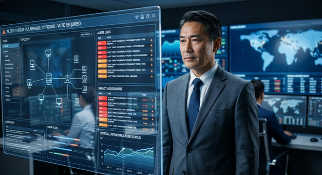サイバーセキュリティを監視する日本人エグゼクティブとSOCセンター、未来的なデジタルUIの背景素材