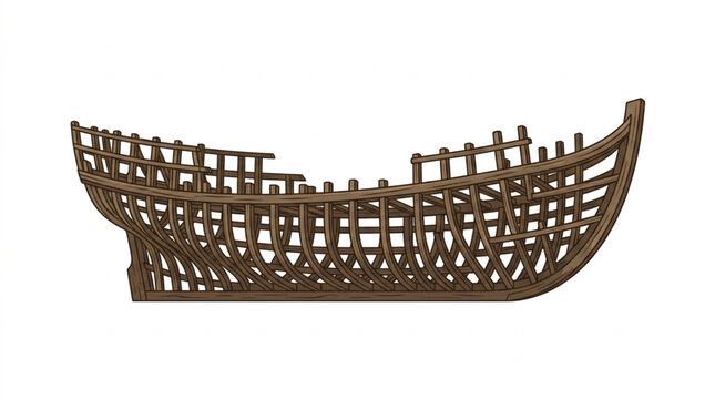 Ancient wooden ship hull skeleton isolated on white background.