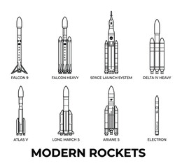 Fototapeta premium Modern rockets set featuring falcon 9 falcon heavy space launch system delta iv heavy ariane 5.