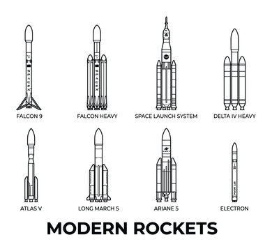Modern rockets set featuring falcon 9 falcon heavy space launch system delta iv heavy ariane 5.