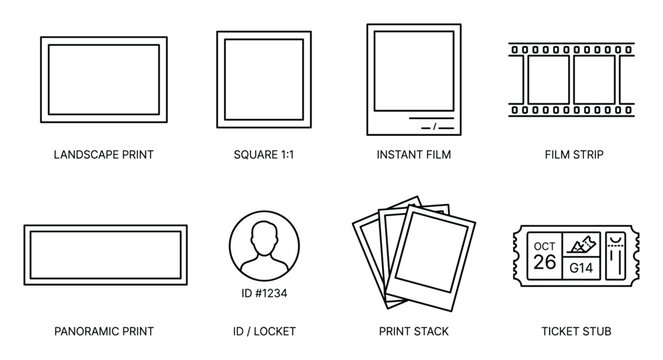 Outline icons for photo prints, film strip, ID card, ticket stub, print stack, various frame shapes.