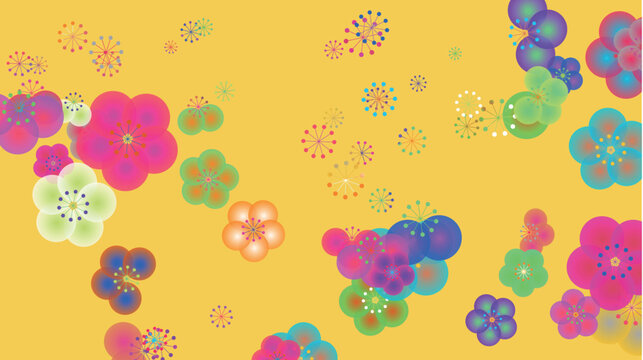 Colorful translucent plum blossom pattern on yellow background
