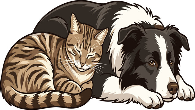 Cute tabby cat sleeping together with border collie dog vector illustration, domestic pets friendship isolated on white background