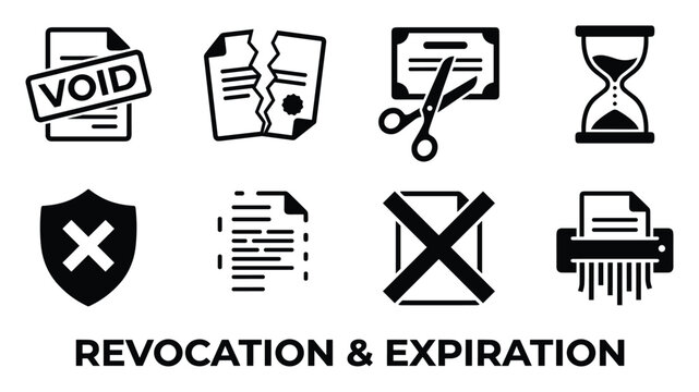 Revocation and expiration icons, documents being voided and shredded, isolated.