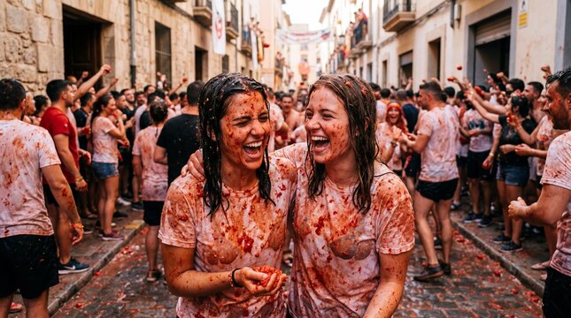 Two laughing friends covered in red pulp at the chaotic La Tomato Festival