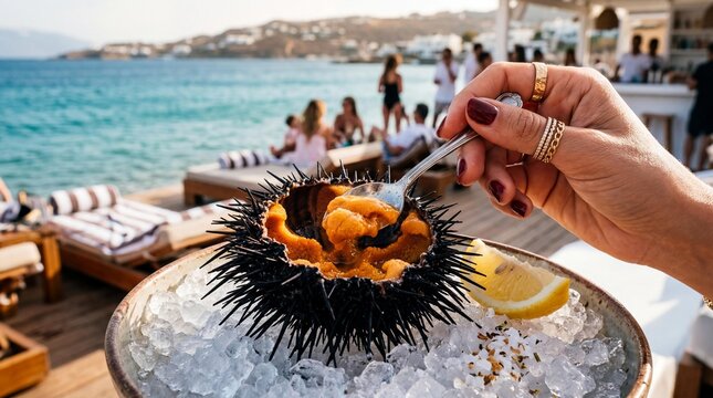 Hand scooping fresh sea urchin roe served on ice at a luxury beach club