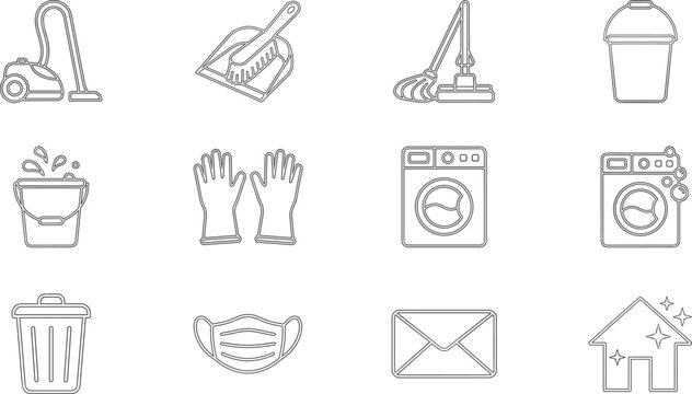 Linear collection of household cleaning equipment and washing icons for professional janitorial service kit.