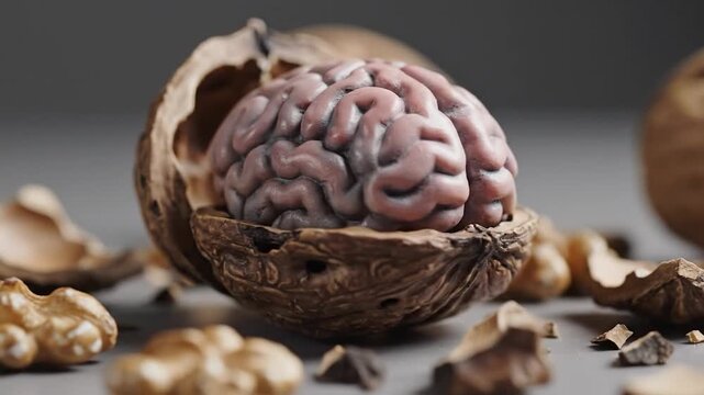Human brain resting inside an open walnut shell on a neutral surface