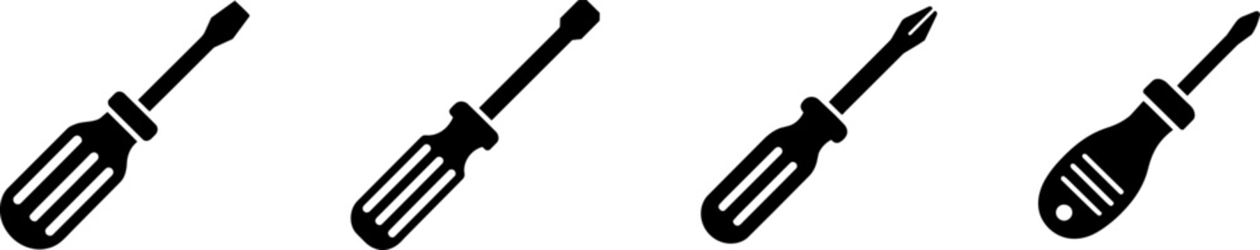 Silhouette of Repair. Four black screwdriver icons with different head types displayed in a row on a white background.