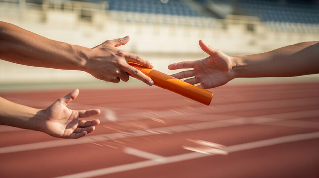 Close-up hands exchanging baton on running track, relay race moment, athletes focused on passing.