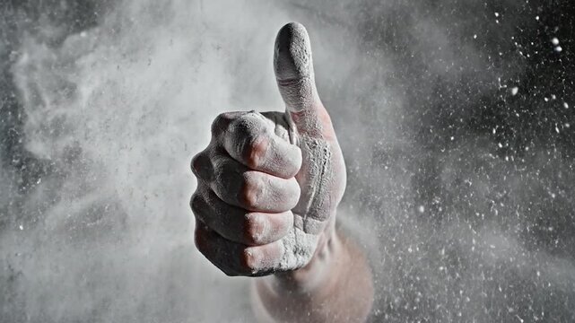 Human hand giving thumbs up gesture with explosive white powder splash on black background
