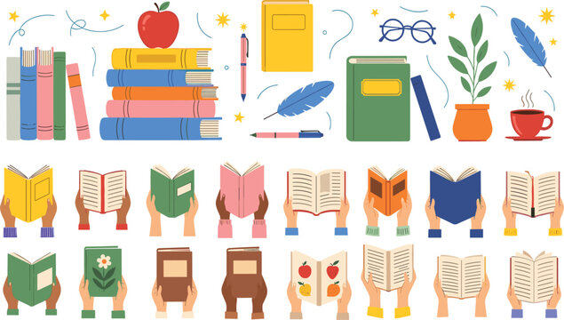 Education book vector illustration set with hands holding open textbooks stack of literature apple and study elements