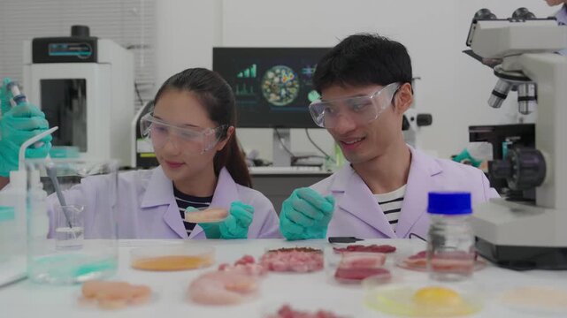 Food scientists test cultured or raw meat samples in a laboratory. Laboratory technicians analyze artificial or fresh meat products using petri dishes.